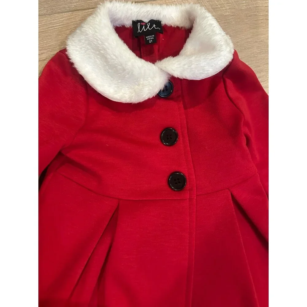 LILT 2T GIRLS RED & WHITE DRESS WITH PEA COAT CHRISTMAS - Picture 3 of 13
